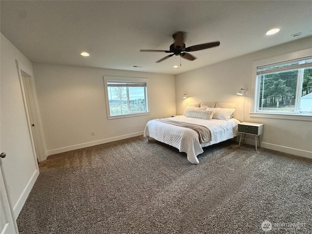 bedroom featuring recessed lighting, carpet, and baseboards