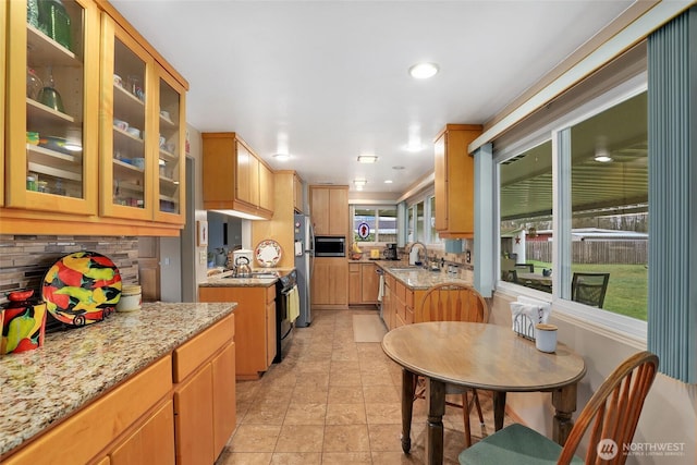 kitchen featuring decorative backsplash, glass insert cabinets, appliances with stainless steel finishes, light stone countertops, and a sink