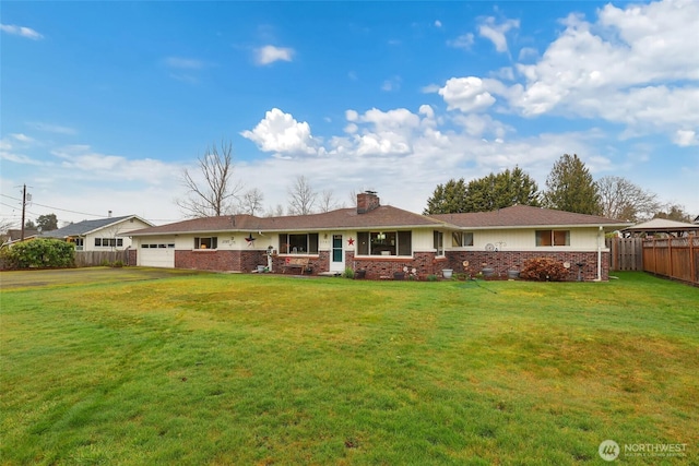 ranch-style home featuring brick siding, a front yard, and fence