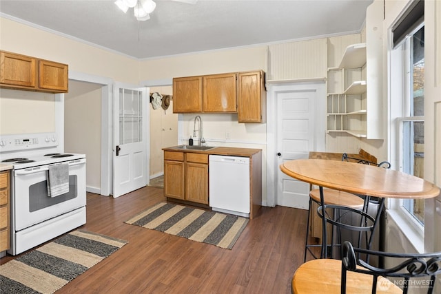 kitchen featuring dark wood-style floors, crown molding, brown cabinetry, a sink, and white appliances