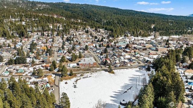 drone / aerial view featuring a residential view and a wooded view