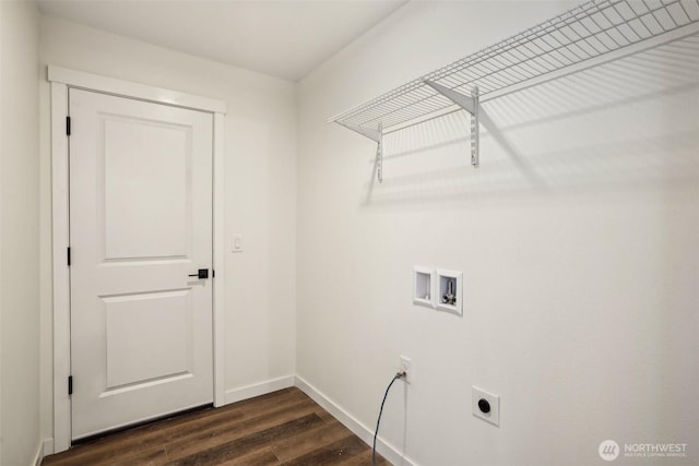 laundry area with dark wood-type flooring, baseboards, washer hookup, laundry area, and hookup for an electric dryer