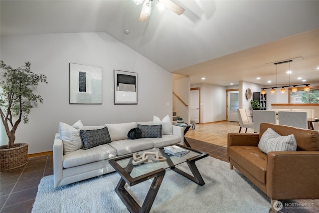 tiled living area featuring baseboards, vaulted ceiling, a ceiling fan, and recessed lighting