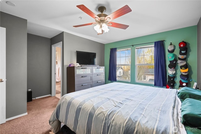 bedroom featuring carpet floors, ceiling fan, and baseboards