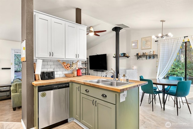 kitchen featuring visible vents, butcher block countertops, a sink, stainless steel dishwasher, and a peninsula