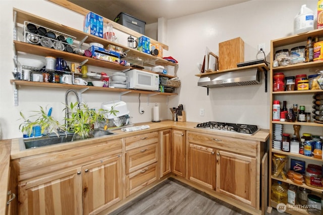 kitchen with stainless steel gas stovetop, a sink, light wood-style floors, and open shelves