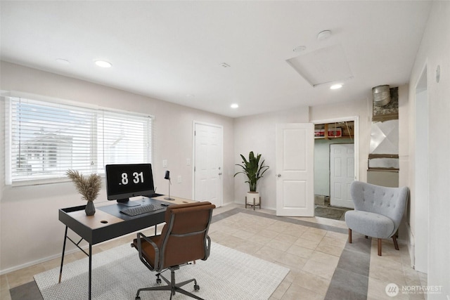 office area with light tile patterned floors, recessed lighting, attic access, and baseboards