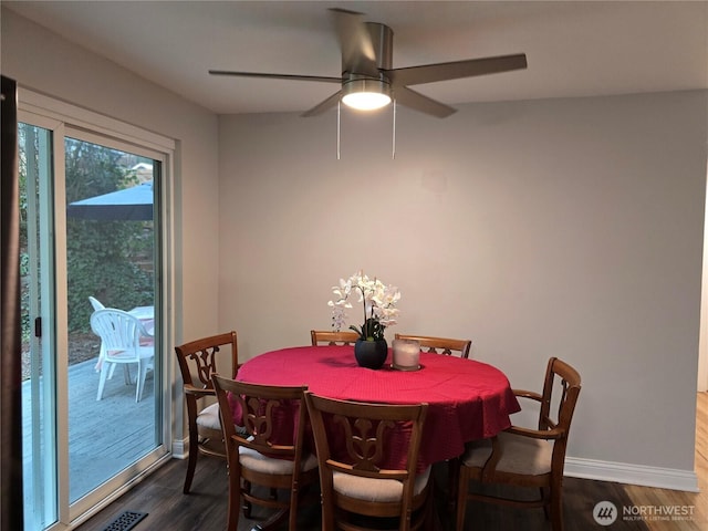 dining room featuring visible vents, baseboards, and dark wood-type flooring