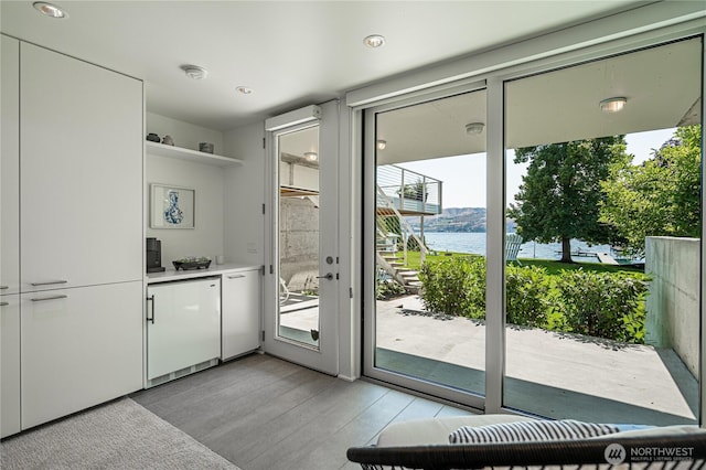 entryway with a water view and light wood finished floors