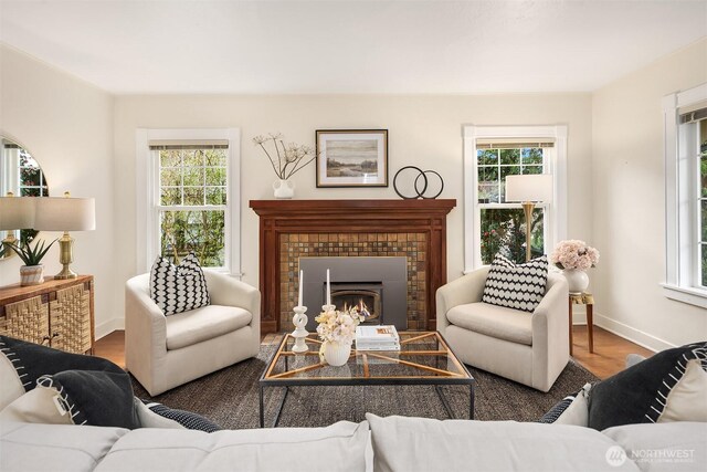 living room featuring a wealth of natural light, a tiled fireplace, baseboards, and wood finished floors