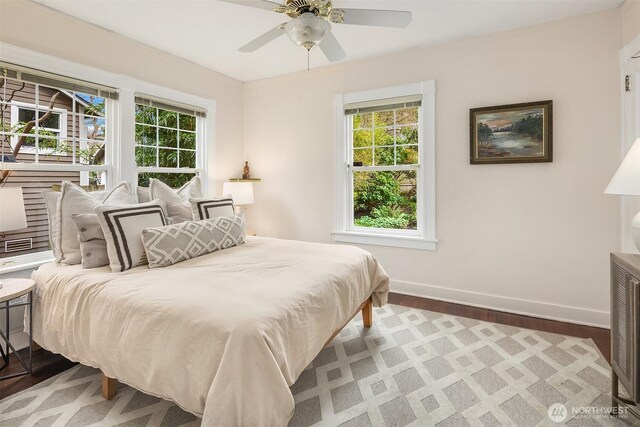 bedroom featuring multiple windows, wood finished floors, baseboards, and ceiling fan