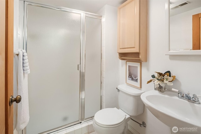 full bathroom with visible vents, a shower stall, toilet, and a sink