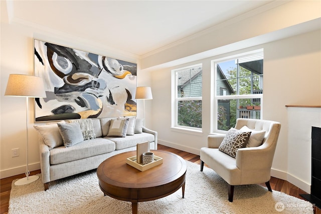 living room featuring crown molding, a fireplace, wood finished floors, and baseboards