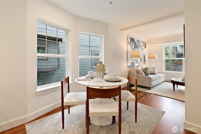 dining space featuring baseboards and wood finished floors