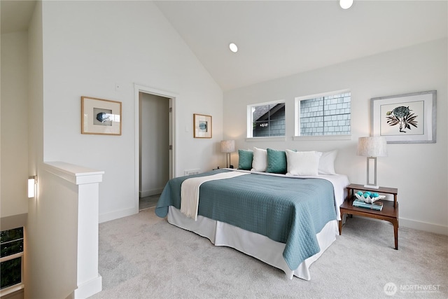 bedroom with baseboards, high vaulted ceiling, recessed lighting, and light colored carpet