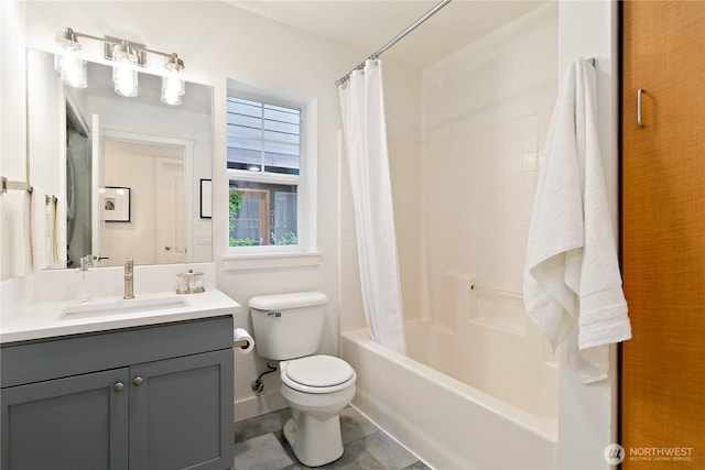 bathroom with shower / tub combo, vanity, toilet, and tile patterned floors