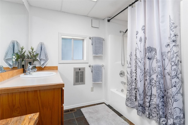 full bathroom featuring baseboards, visible vents, shower / tub combo with curtain, tile patterned flooring, and vanity