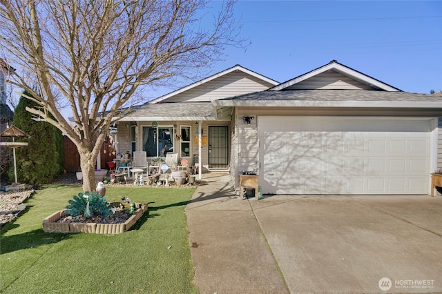 ranch-style home with a garage, concrete driveway, a front lawn, and a porch