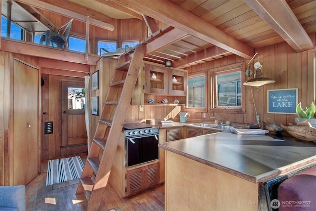 kitchen featuring electric range oven, open shelves, wood walls, and beam ceiling