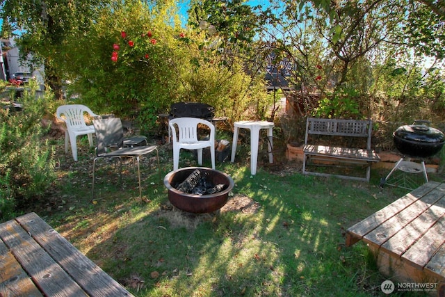 view of yard with a fire pit