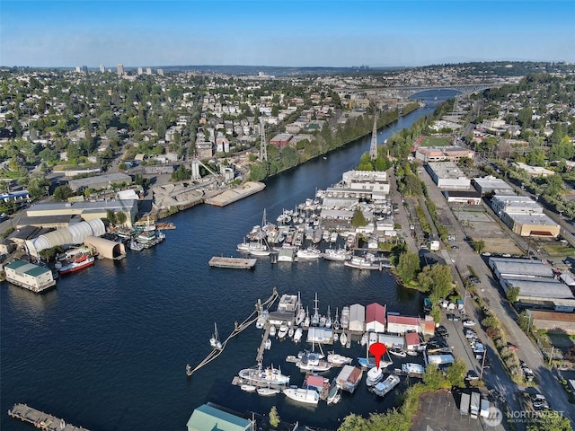 drone / aerial view with a water view