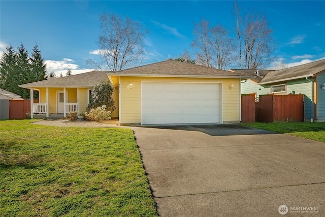 ranch-style house with a garage, covered porch, a front yard, and fence