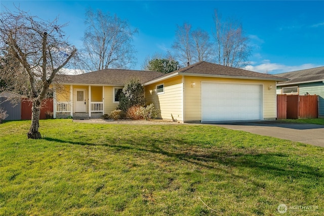 ranch-style house featuring an attached garage, fence, a porch, a front yard, and driveway