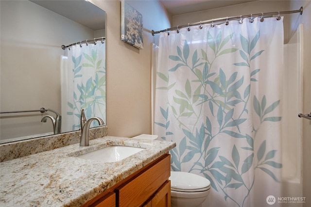 full bathroom featuring a shower with curtain, toilet, and vanity