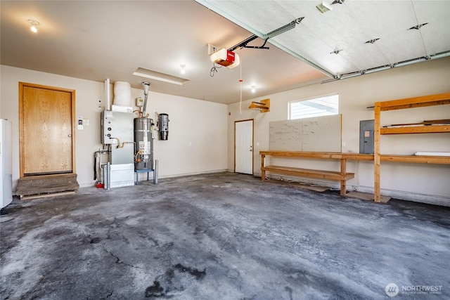 garage featuring electric panel, a workshop area, a garage door opener, and water heater