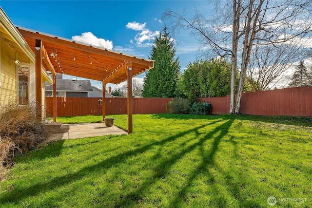 view of yard with a patio, a pergola, and fence