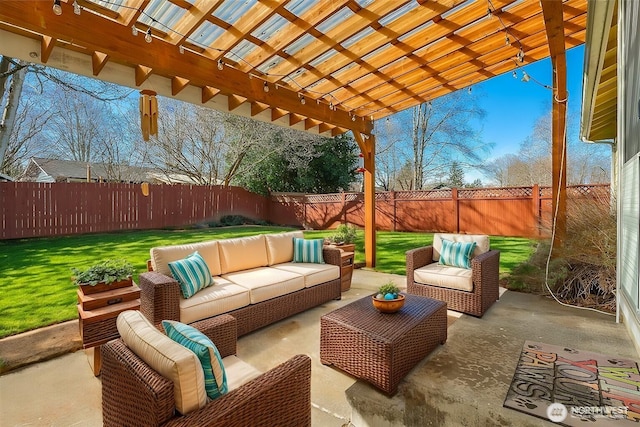 view of patio featuring a fenced backyard, a pergola, and an outdoor hangout area