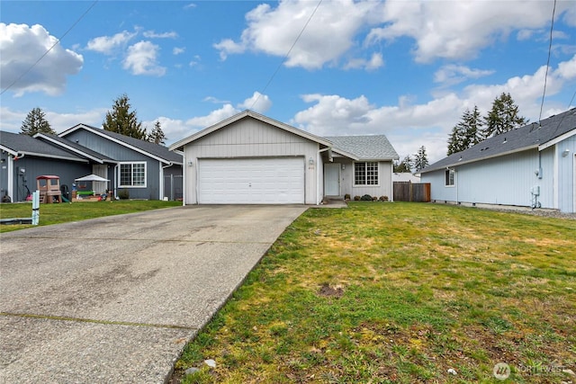 single story home featuring concrete driveway, a front lawn, an attached garage, and fence