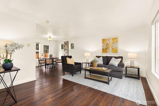 living area featuring dark wood-style flooring, plenty of natural light, and baseboards