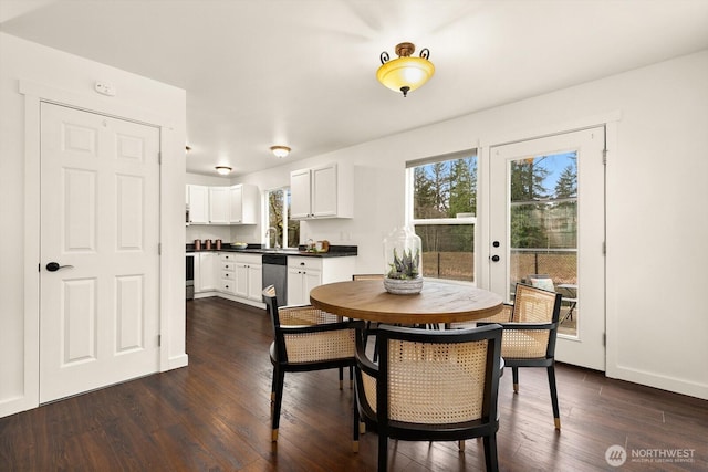 dining area featuring baseboards and dark wood-style flooring