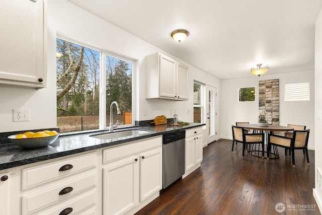 kitchen with stainless steel dishwasher, dark wood-style flooring, a sink, and white cabinets