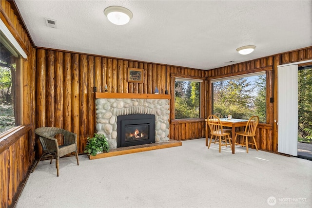 interior space with a stone fireplace and visible vents