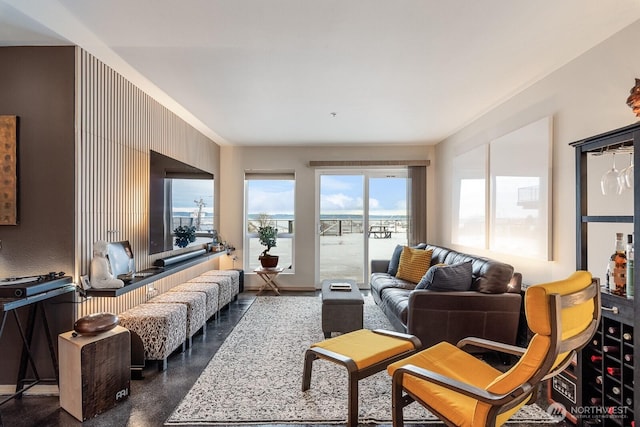 living area featuring finished concrete floors