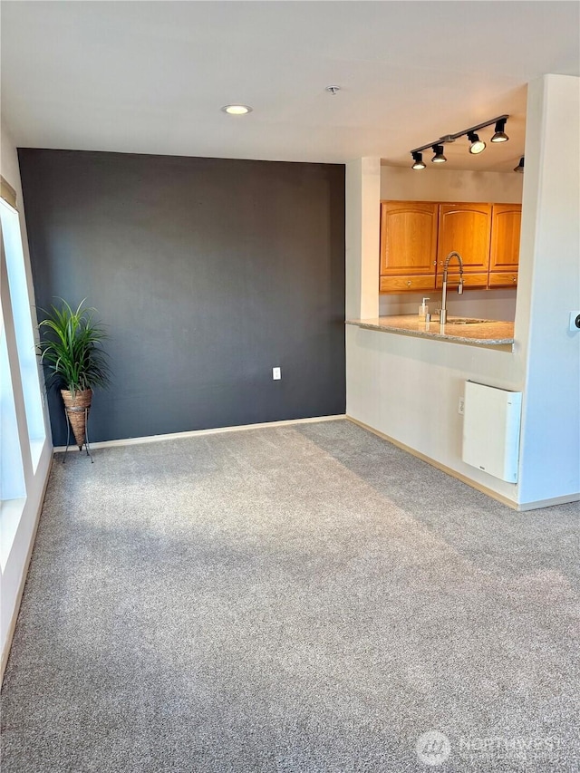 2824 Grand Ave Unit A212, Everett, WA 98201 - unfurnished living room featuring carpet floors, a sink, rail lighting, and baseboards