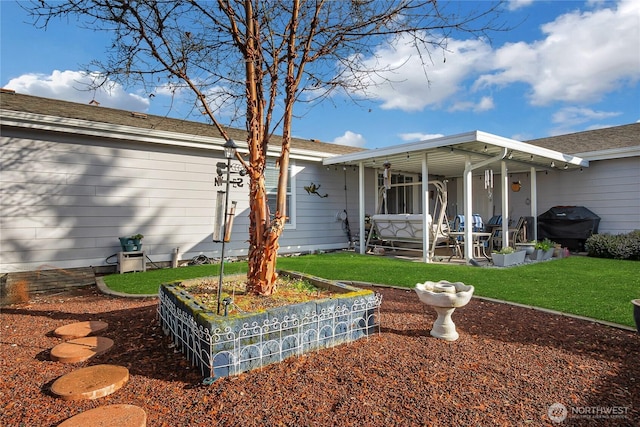 back of house featuring a lawn and a patio area