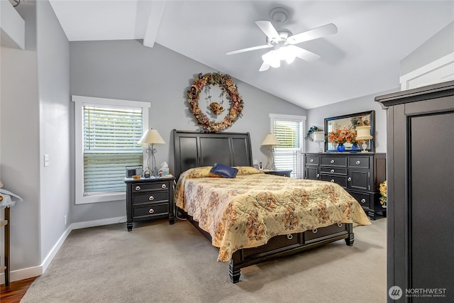 bedroom featuring carpet flooring, ceiling fan, lofted ceiling with beams, and baseboards