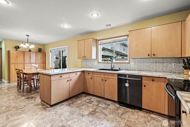 kitchen featuring a peninsula, light countertops, stainless steel dishwasher, black range with electric cooktop, and a sink