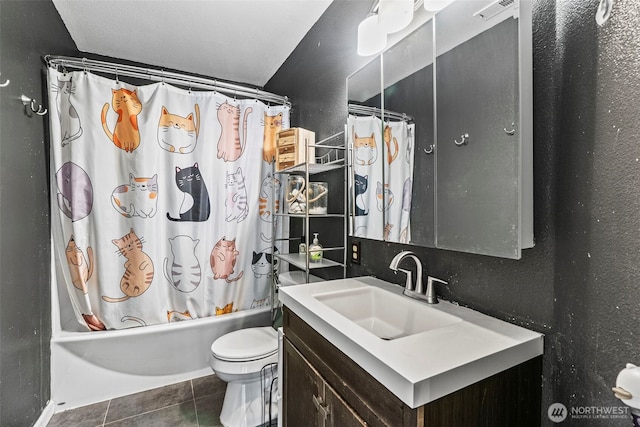 full bathroom with visible vents, toilet, shower / bath combo, vanity, and tile patterned flooring