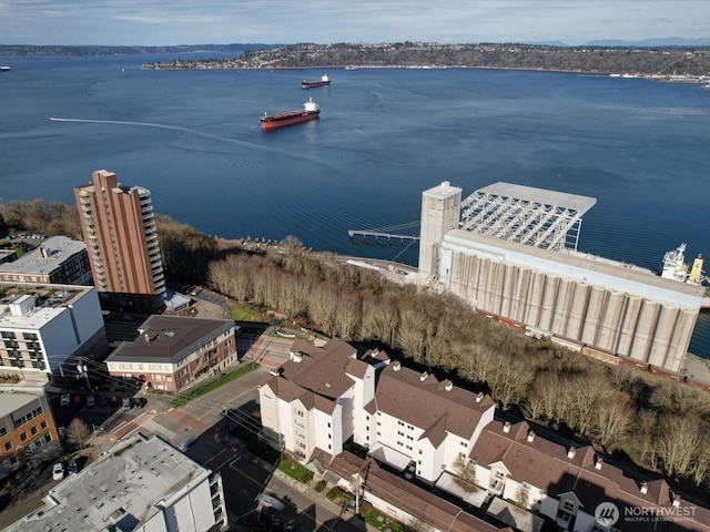 drone / aerial view featuring a water view