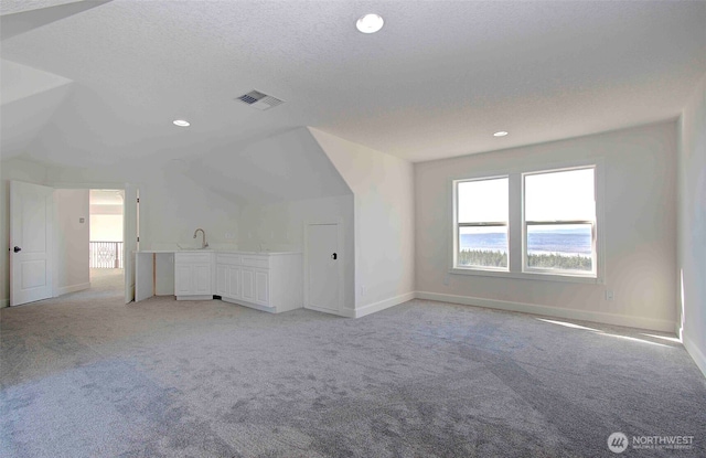 additional living space featuring baseboards, visible vents, a textured ceiling, and light colored carpet