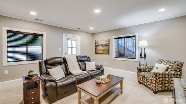 living room featuring light carpet, recessed lighting, baseboards, and crown molding