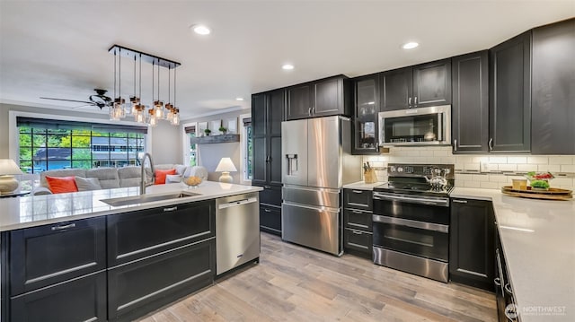 kitchen with stainless steel appliances, open floor plan, dark cabinetry, and a sink