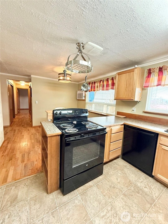 kitchen featuring black appliances, ornamental molding, light countertops, and light brown cabinetry