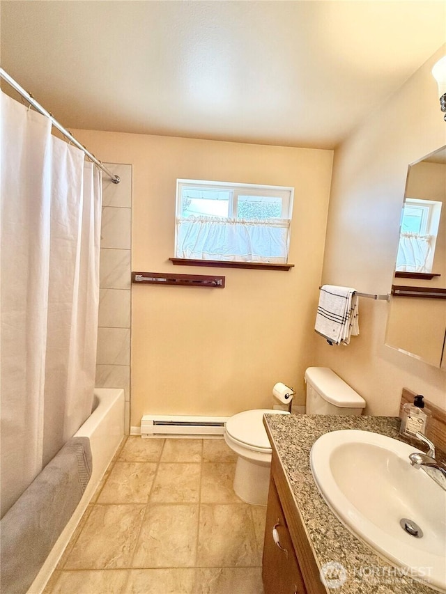 bathroom featuring a baseboard heating unit, shower / tub combo, toilet, and vanity