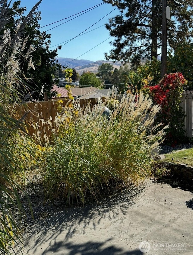 view of yard featuring a mountain view and fence