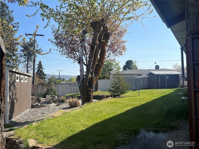view of yard with a fenced backyard, an outdoor structure, and a shed